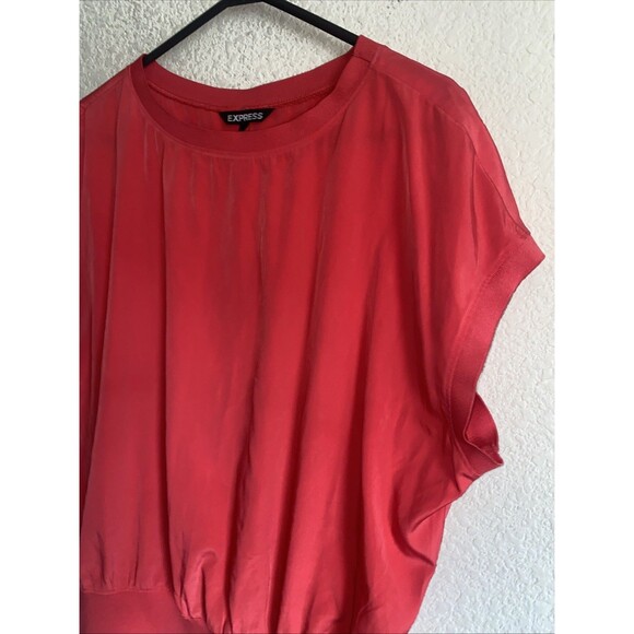 Vintage Express Red Blouse Shirt SS Loose Y2K Romantic Holiday Elastic Tummy SP - Picture 2 of 7